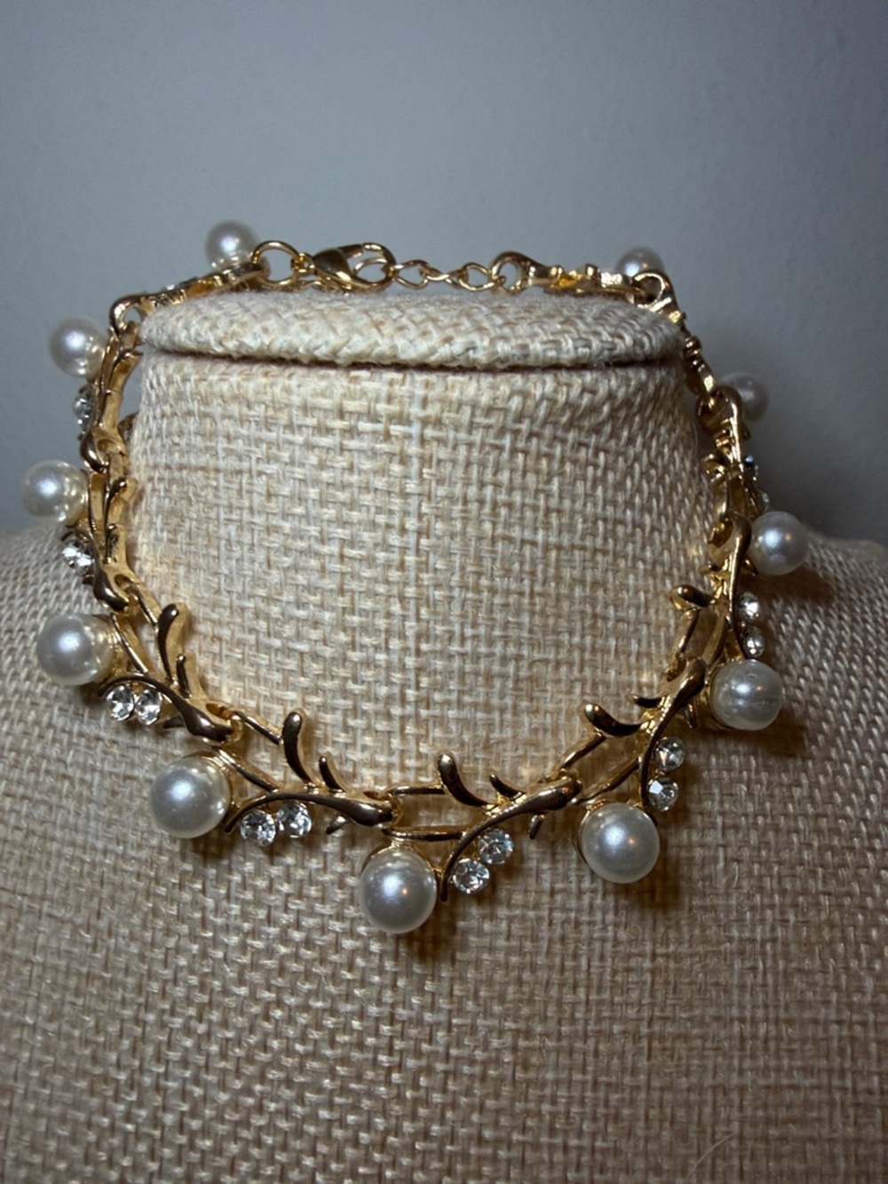 Goldtone Pearl and Crystal Vine Bracelet- 8 inch adjustable